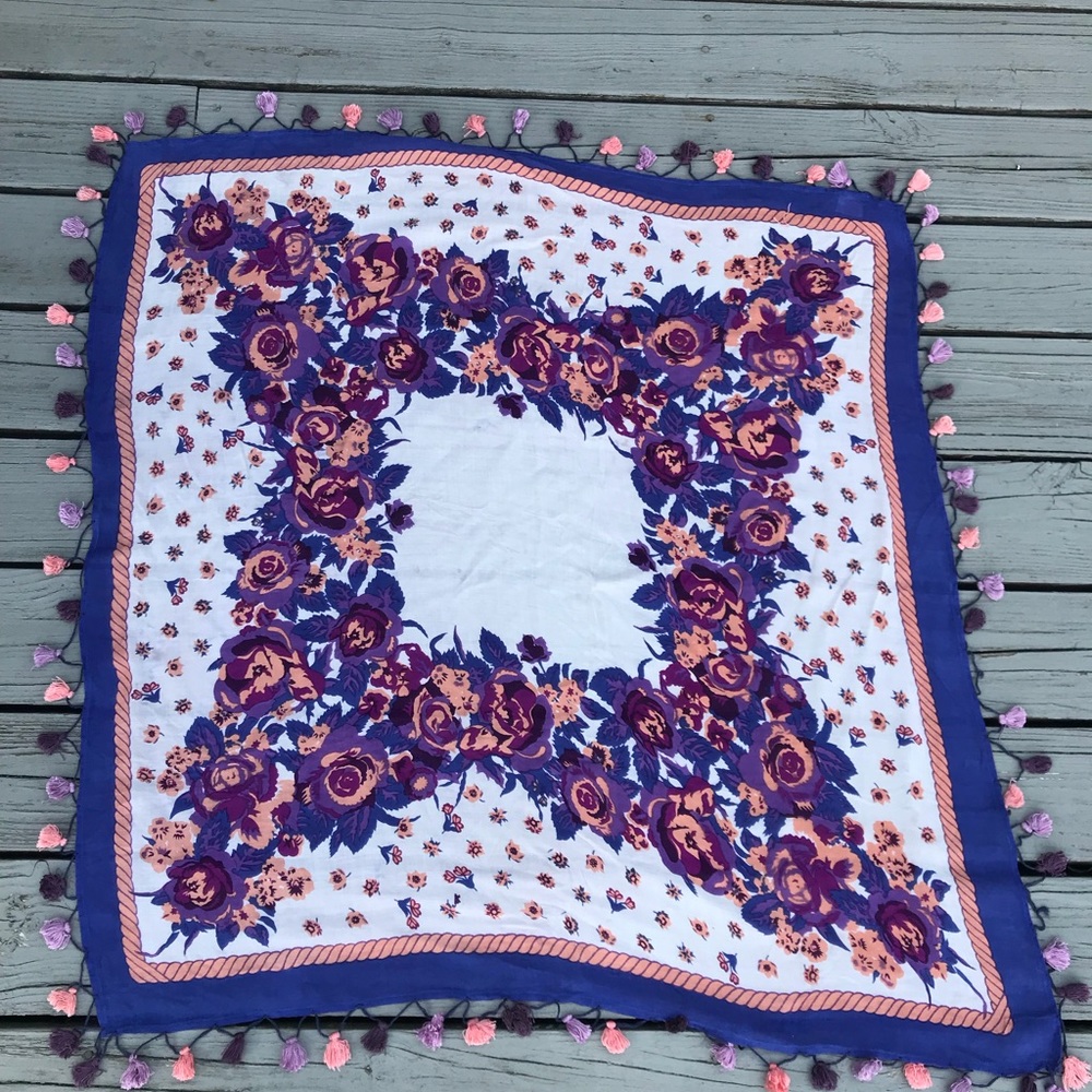 Anthropologie | Square Floral Scarf with Tassels